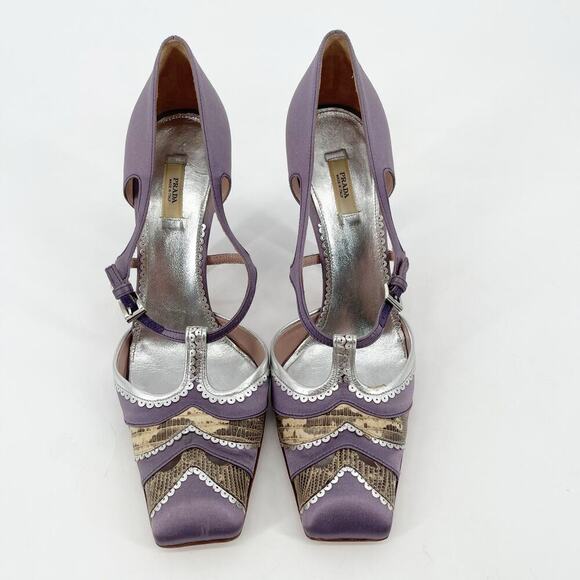 Prada Vintage Lilac Satin Snakeskin Trim Cutout Mary Jane T-Strap Heels IT 38.5 - Picture 6 of 11